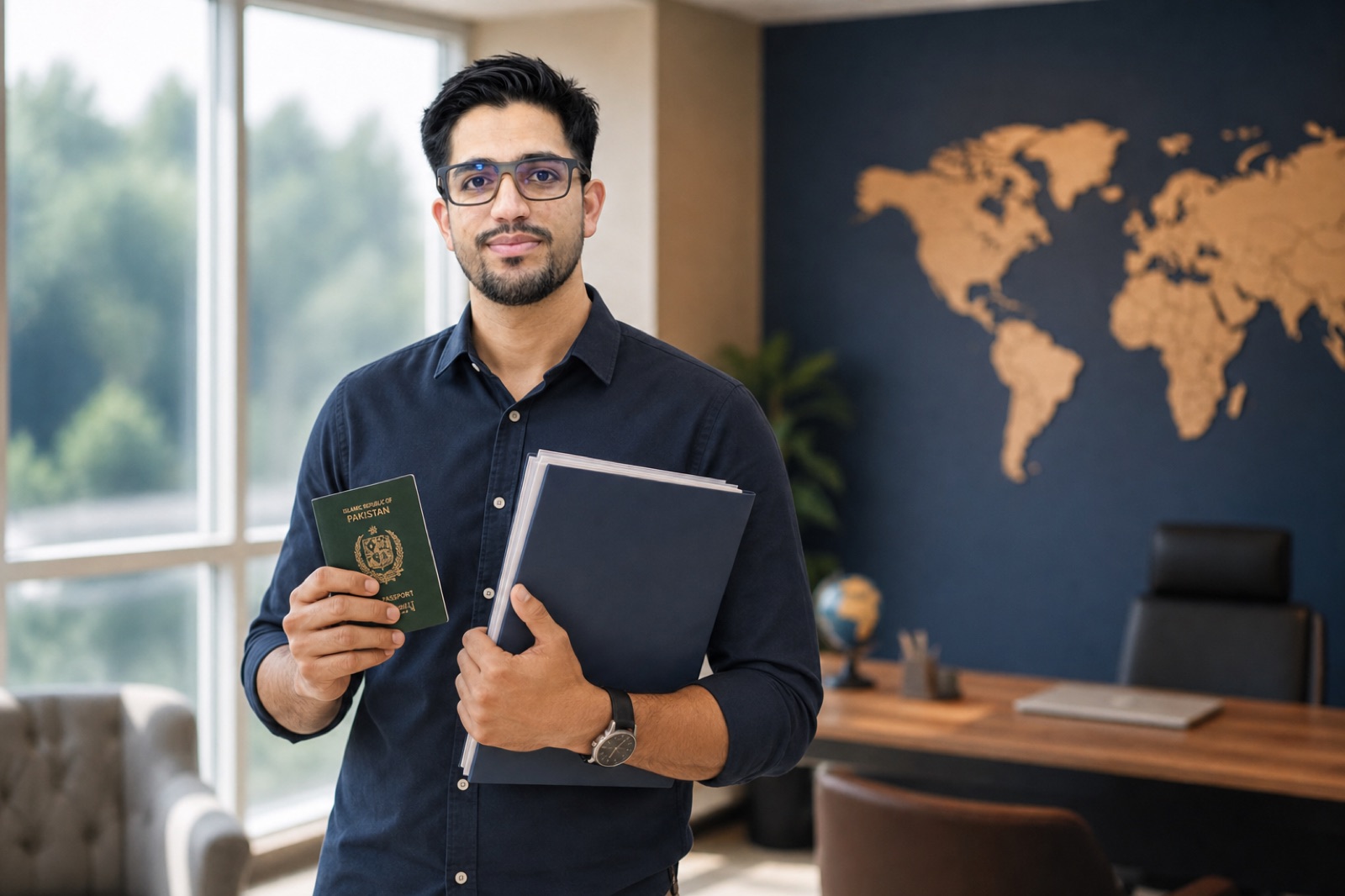 SK Immigration Services consultant holding a Pakistani passport and a visa file at the Rawalpindi office